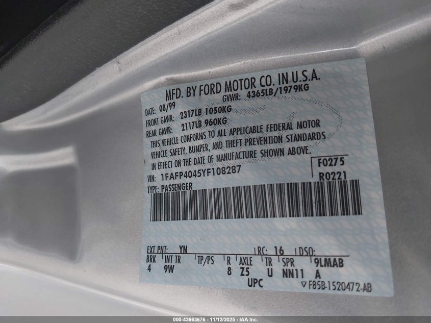 2000 Ford Mustang VIN: 1FAFP4045YF108287 Lot: 43663676