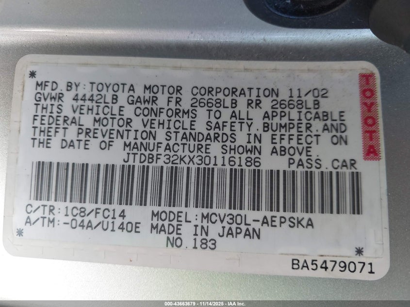 2003 Toyota Camry Se V6 VIN: JTDBF32KX30116186 Lot: 43663679