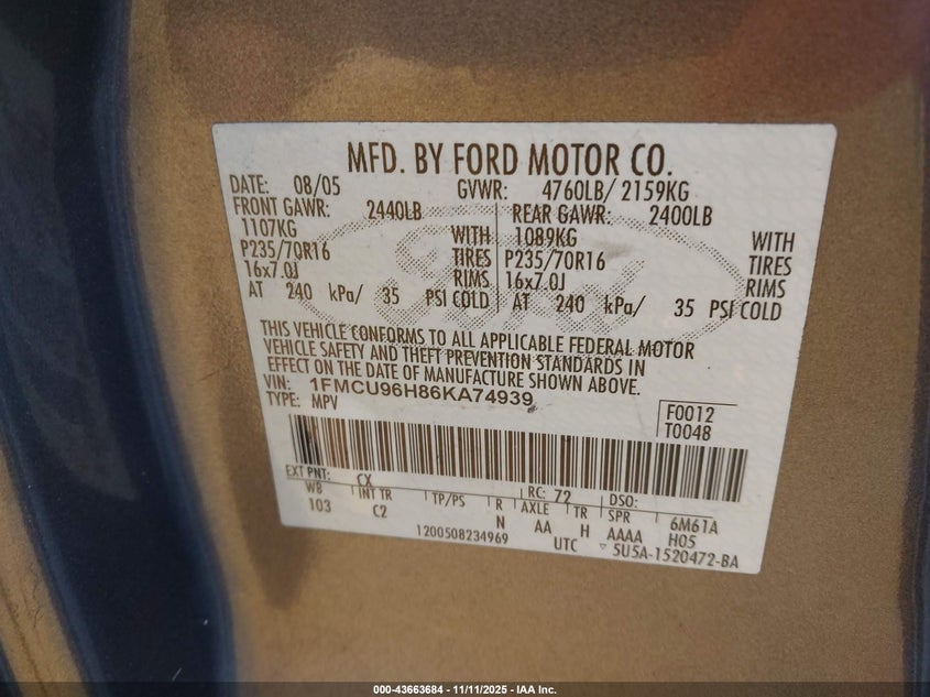2006 Ford Escape Hybrid VIN: 1FMCU96H86KA74939 Lot: 43663684