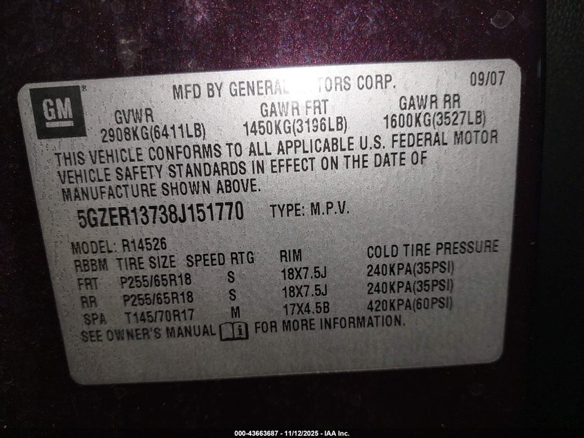 2008 Saturn Outlook Xe VIN: 5GZER13738J151770 Lot: 43663687