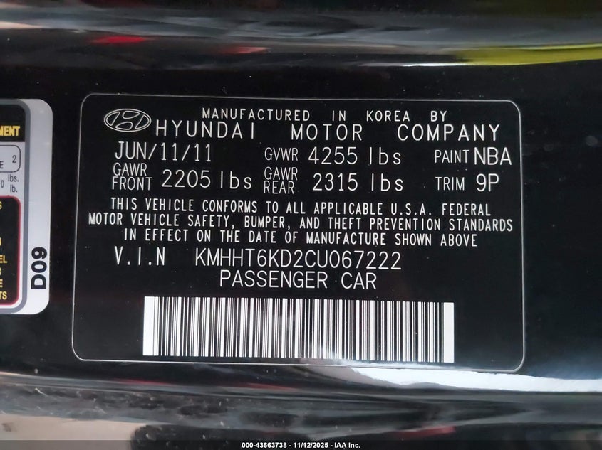 2012 Hyundai Genesis 2.0T R-Spec VIN: KMHHT6KD2CU067222 Lot: 43663738
