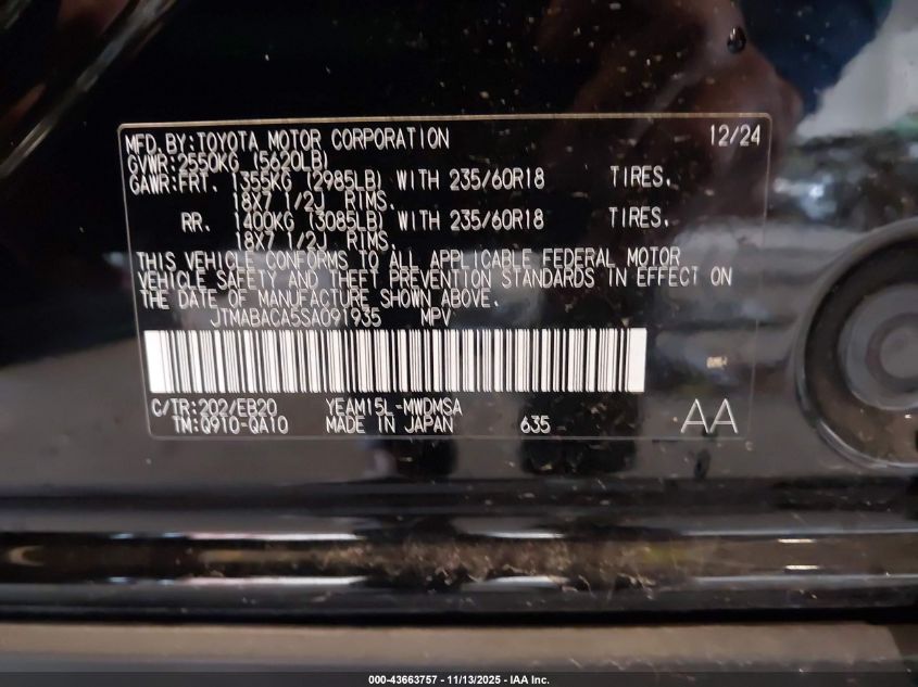 2025 Toyota Bz4X Xle VIN: JTMABACA5SA091935 Lot: 43663757