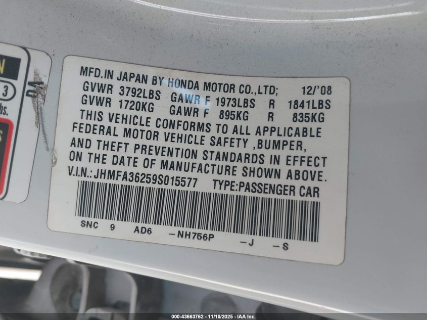 JHMFA36259S015577 2009 HONDA CIVIC photo no. 9