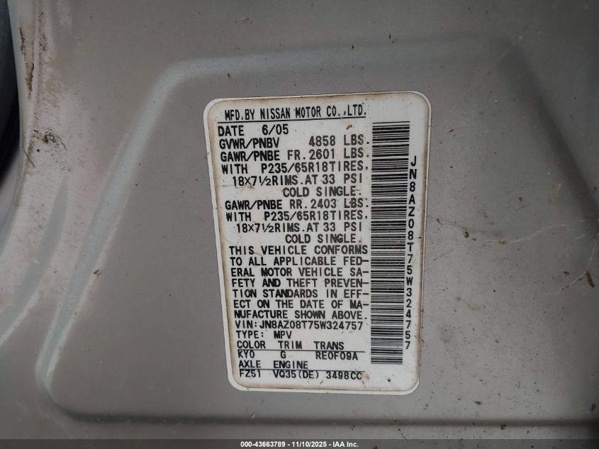 2005 Nissan Murano Sl VIN: JN8AZ08T75W324757 Lot: 43663789