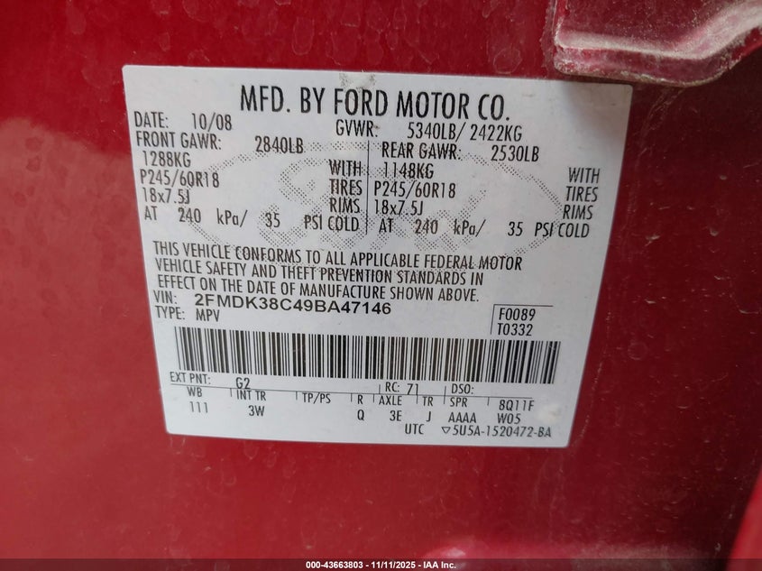 2FMDK38C49BA47146 2009 FORD EDGE photo no. 9