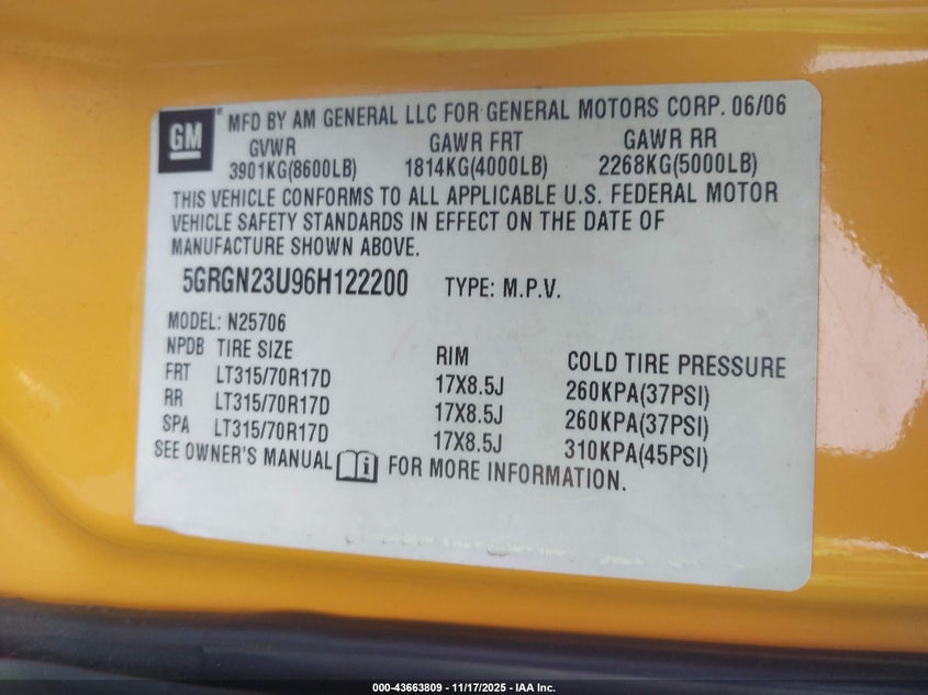 2006 Hummer H2 Suv VIN: 5GRGN23U96H122200 Lot: 43663809