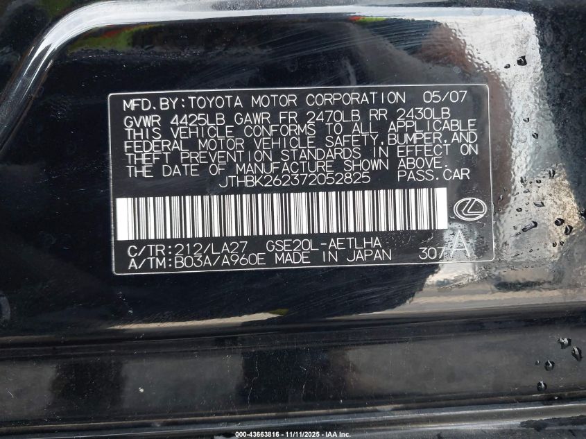 2007 Lexus Is 250 VIN: JTHBK262372052825 Lot: 43663816