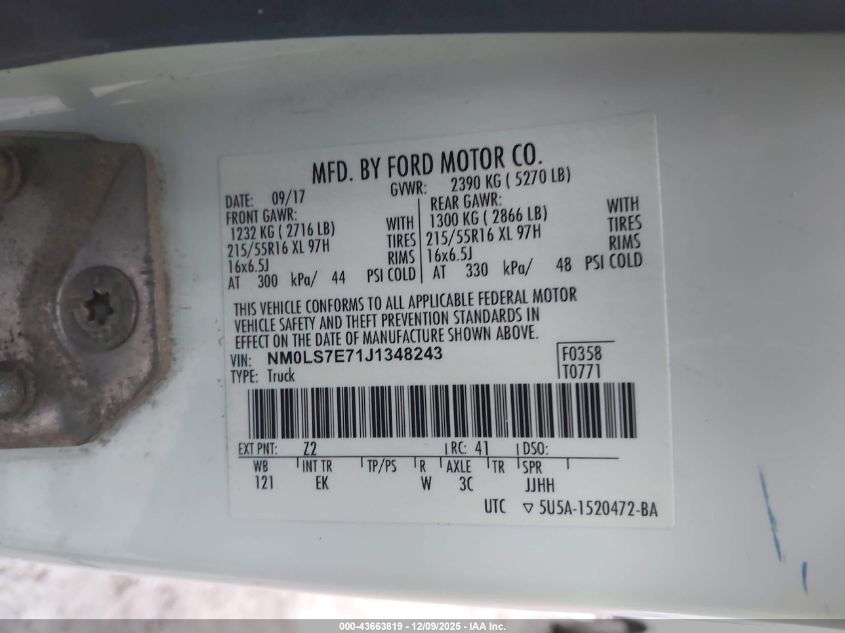 2018 Ford Transit Connect Xl VIN: NM0LS7E71J1348243 Lot: 43663819