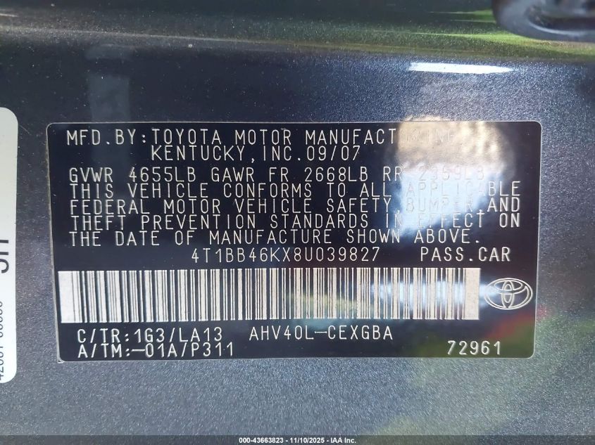 2008 Toyota Camry Hybrid VIN: 4T1BB46KX8U039827 Lot: 43663823