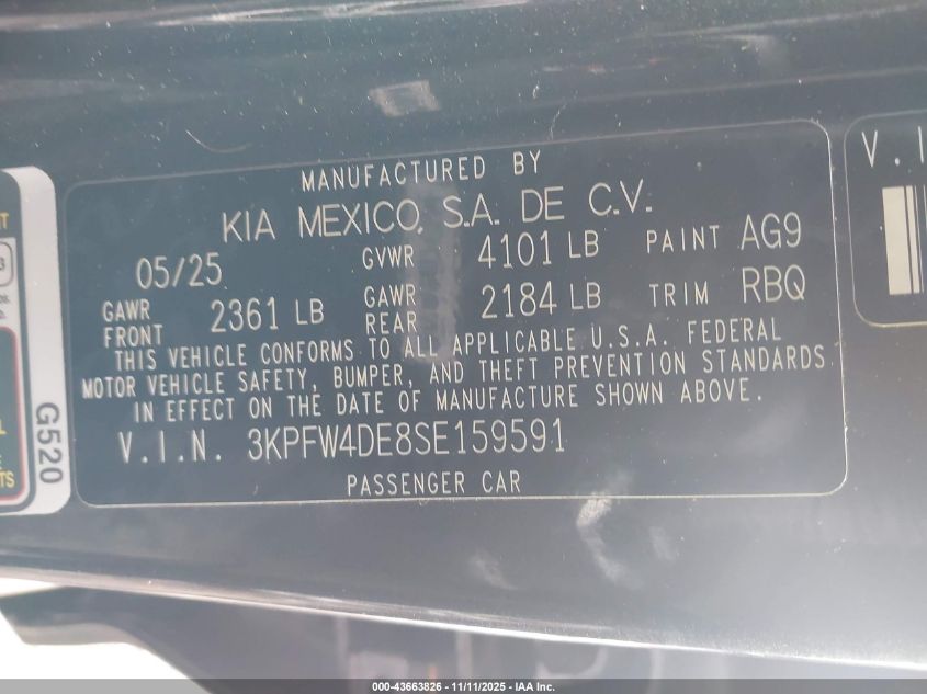 2025 Kia K4 Gt-Line VIN: 3KPFW4DE8SE159591 Lot: 43663826