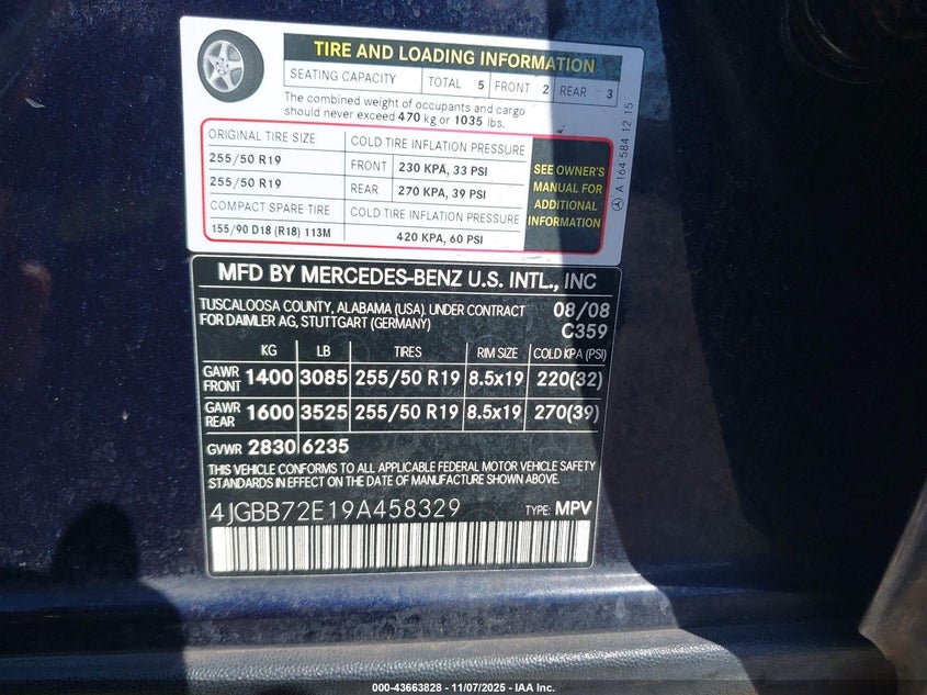 2009 Mercedes-Benz Ml 550 4Matic VIN: 4JGBB72E19A458329 Lot: 43663828