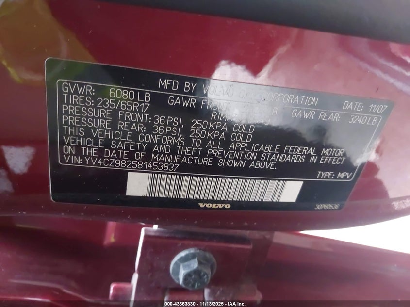 2008 Volvo Xc90 3.2 VIN: YV4CZ982581453837 Lot: 43663830