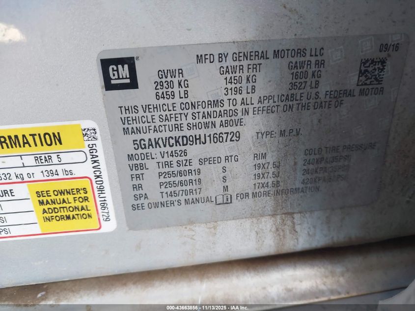 2017 Buick Enclave Premium VIN: 5GAKVCKD9HJ166729 Lot: 43663856
