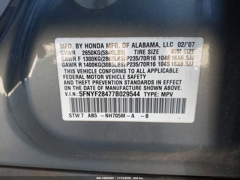 2007 Honda Pilot Ex VIN: 5FNYF28477B029544 Lot: 43663867