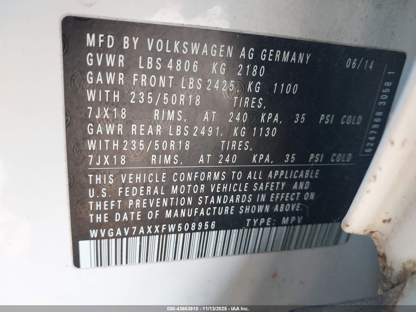 WVGAV7AXXFW508956 2015 VOLKSWAGEN TIGUAN photo no. 9
