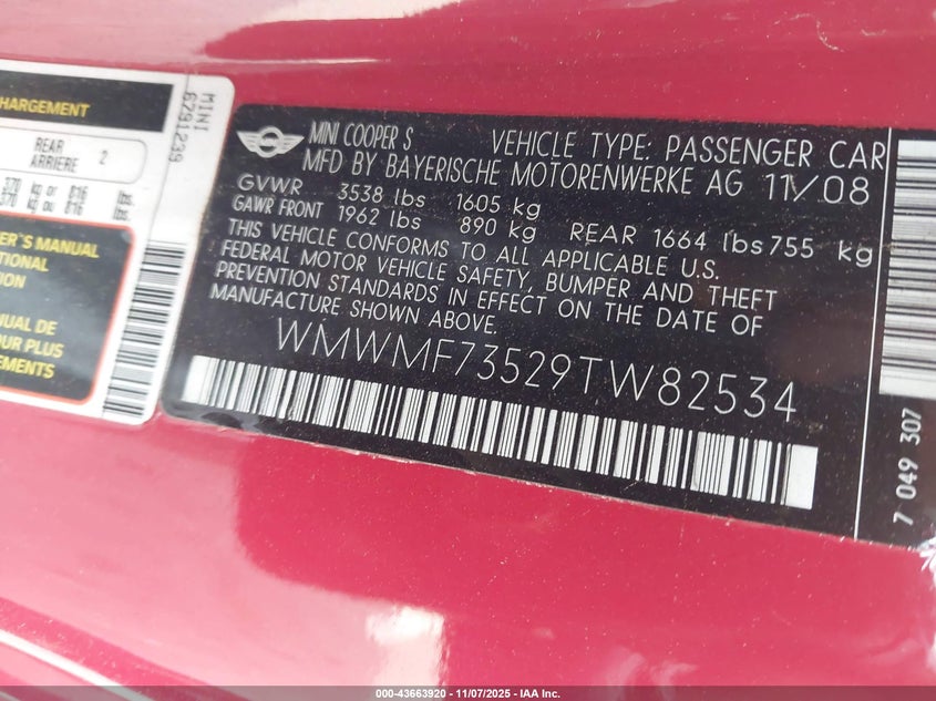 2009 Mini Cooper S VIN: WMWMF73529TW82534 Lot: 43663920