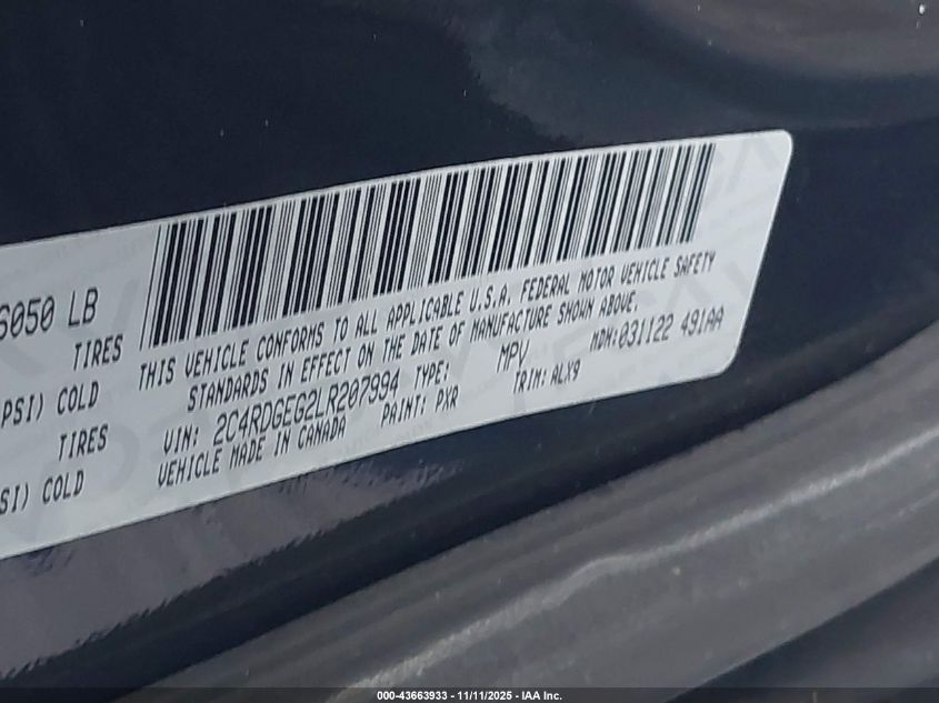 2020 Dodge Grand Caravan Gt VIN: 2C4RDGEG2LR207994 Lot: 43663933
