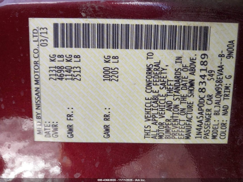 2013 Nissan Maxima 3.5 S VIN: 1N4AA5AP0DC834189 Lot: 43663935