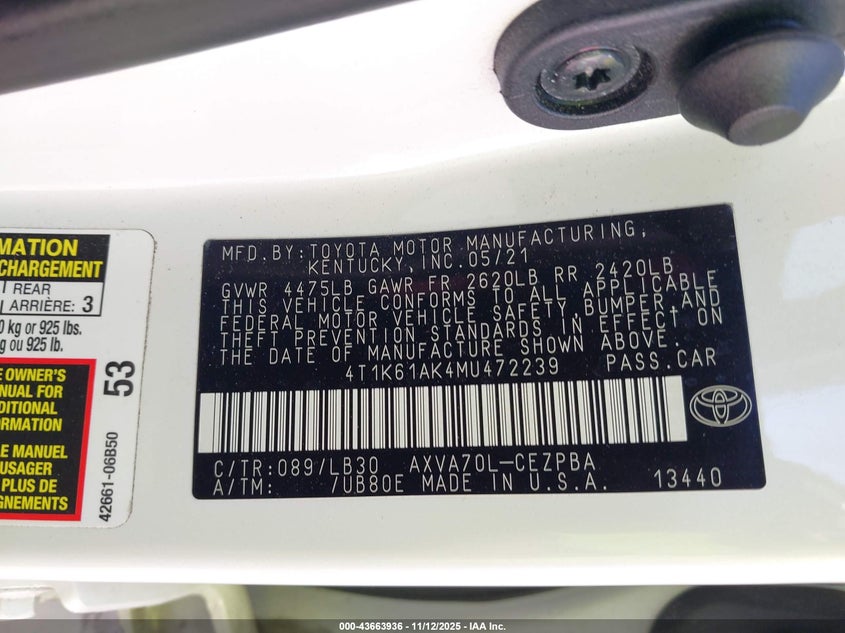 2021 TOYOTA CAMRY XSE - 4T1K61AK4MU472239