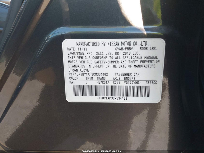 2012 Infiniti M37 VIN: JN1BY1AP3CM334462 Lot: 43663954