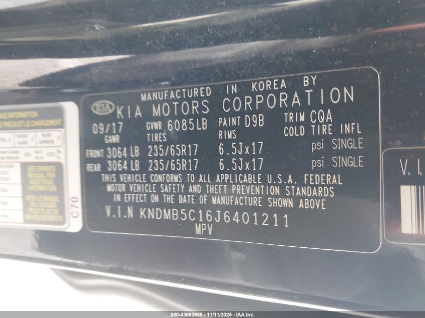 2018 Kia Sedona Lx VIN: KNDMB5C16J6401211 Lot: 43663958