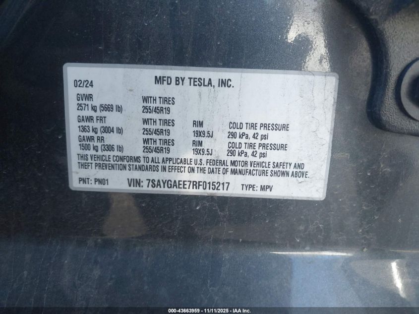 2024 Tesla Model Y Long Range Dual Motor All-Wheel Drive VIN: 7SAYGAEE7RF015217 Lot: 43663959