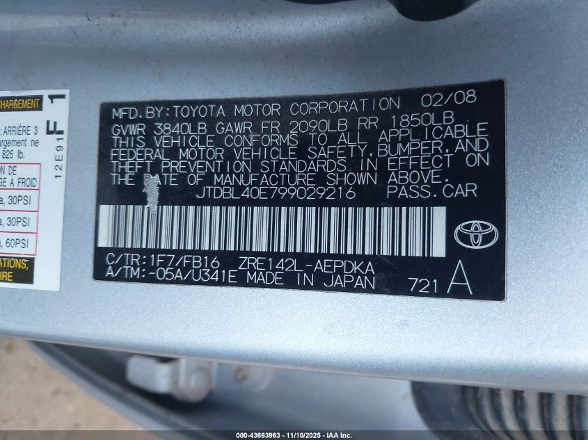 2009 Toyota Corolla Le VIN: JTDBL40E799029216 Lot: 43663963