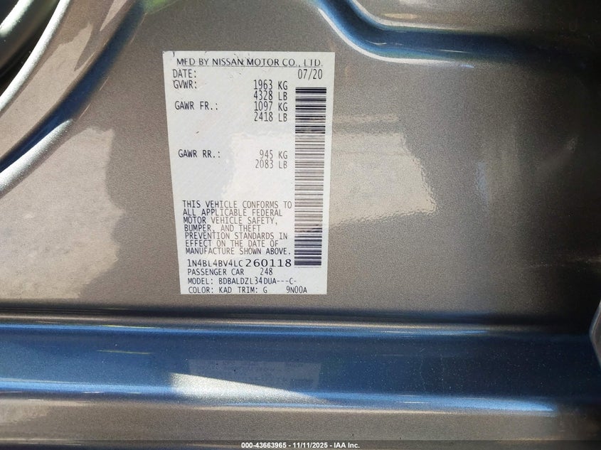 1N4BL4BV4LC260118 2020 NISSAN ALTIMA photo no. 9