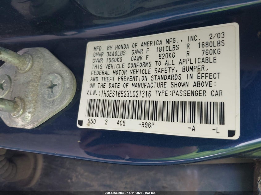 2003 Honda Civic Lx VIN: 1HGES16523L021316 Lot: 43663986