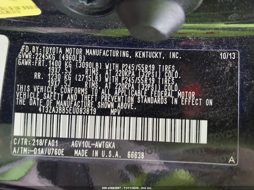 2014 TOYOTA VENZA LE 4T3ZA3BB5EU083819