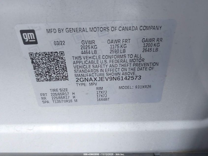 2022 Chevrolet Equinox Fwd 2Fl VIN: 2GNAXJEV9N6142573 Lot: 43663998