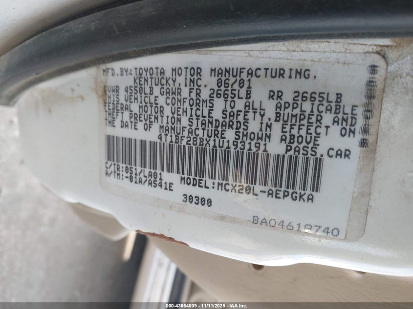 2001 Toyota Avalon Xls VIN: 4T1BF28BX1U193191 Lot: 43664009