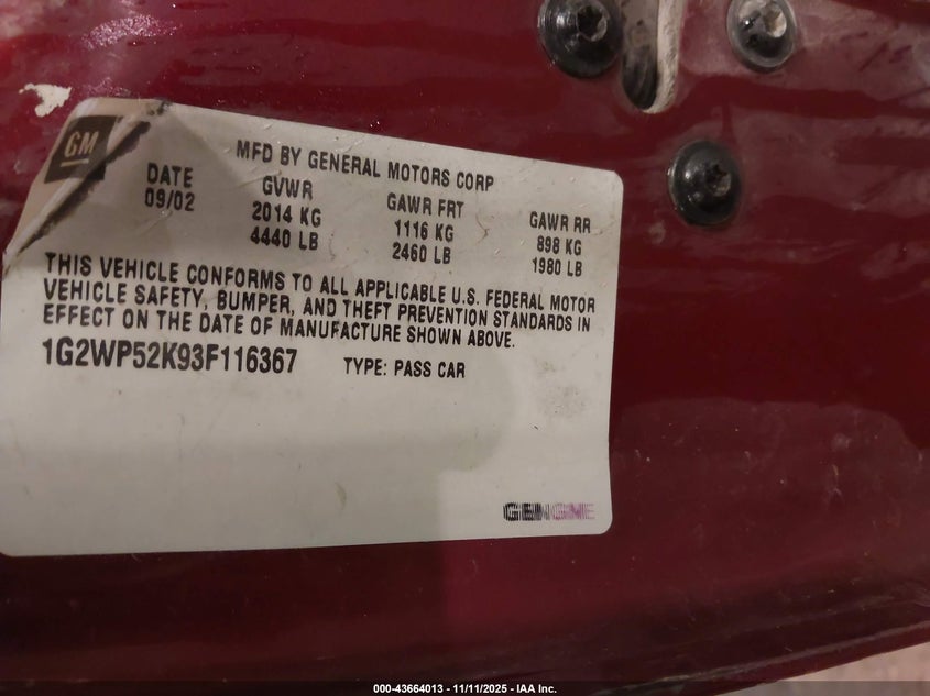 2003 Pontiac Grand Prix Gt VIN: 1G2WP52K93F116367 Lot: 43664013