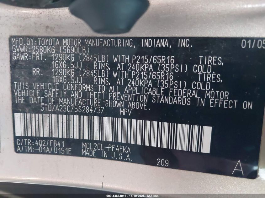 2005 Toyota Sienna Le VIN: 5TDZA23C75S284737 Lot: 43664016