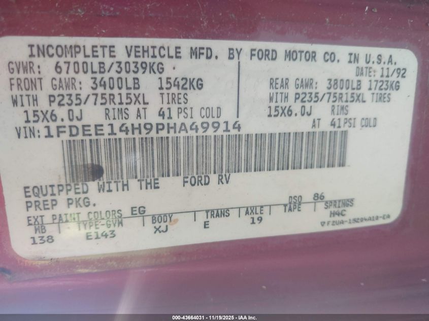 1993 Ford Econoline E150 Van VIN: 1FDEE14H9PHA49914 Lot: 43664031