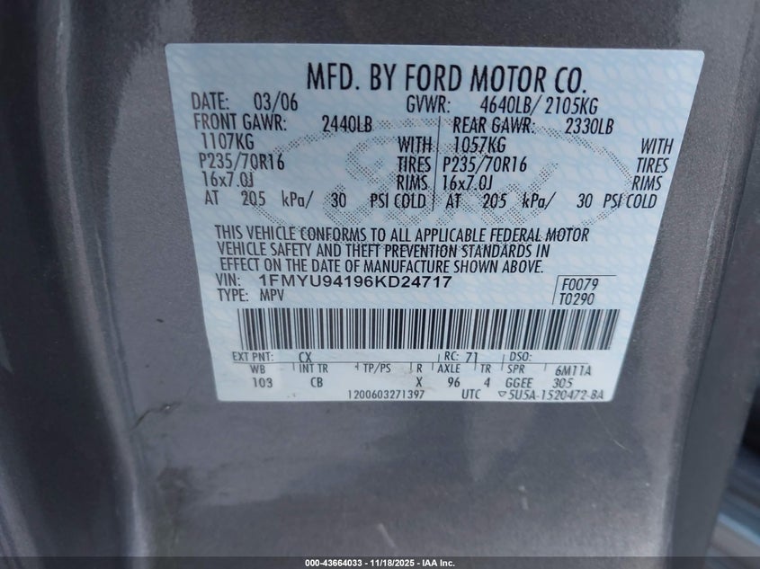 2006 Ford Escape Limited VIN: 1FMYU94196KD24717 Lot: 43664033