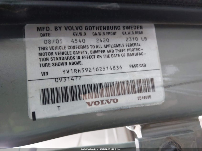 2006 Volvo S60 2.5T VIN: YV1RH592162514836 Lot: 43664044