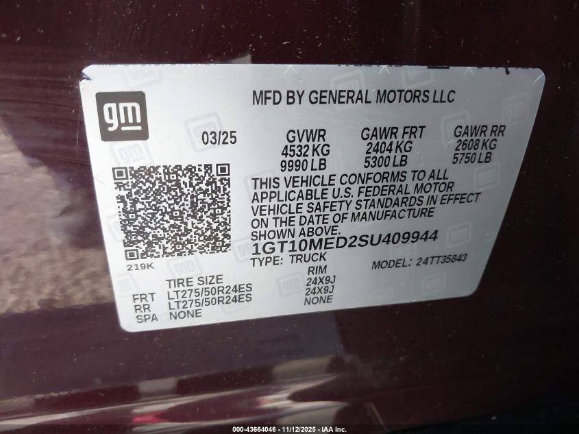 2025 GMC Sierra Ev Extended Range Denali VIN: 1GT10MED2SU409944 Lot: 43664046