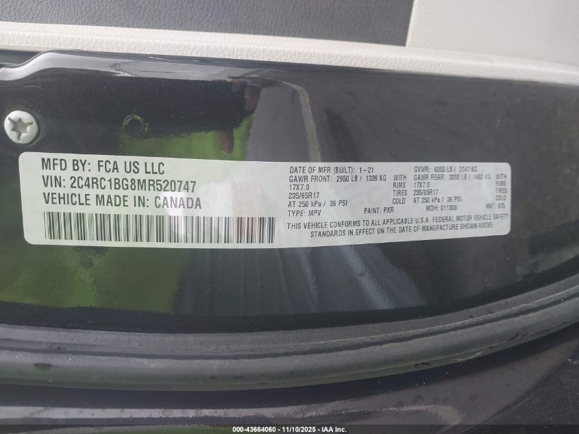 2021 Chrysler Pacifica Touring L VIN: 2C4RC1BG8MR520747 Lot: 43664060