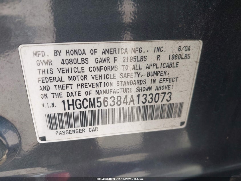 1HGCM56384A133073 2004 HONDA ACCORD photo no. 9