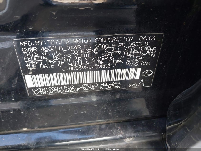 JT8BD69S840200813 2004 LEXUS GS 300 photo no. 9