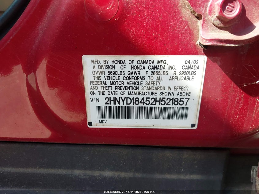 2002 Acura Mdx VIN: 2HNYD18452H521857 Lot: 43664072