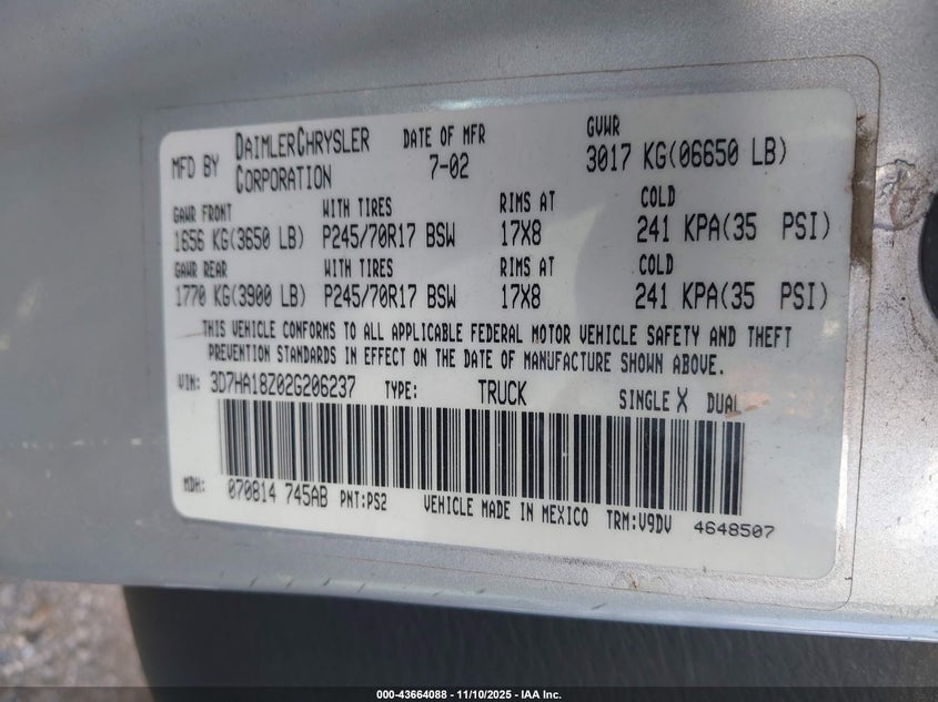 2002 Dodge Ram 1500 St VIN: 3D7HA18Z02G206237 Lot: 43664088