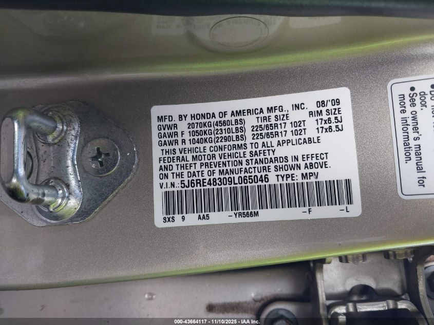 2009 Honda Cr-V Lx VIN: 5J6RE48309L065046 Lot: 43664117