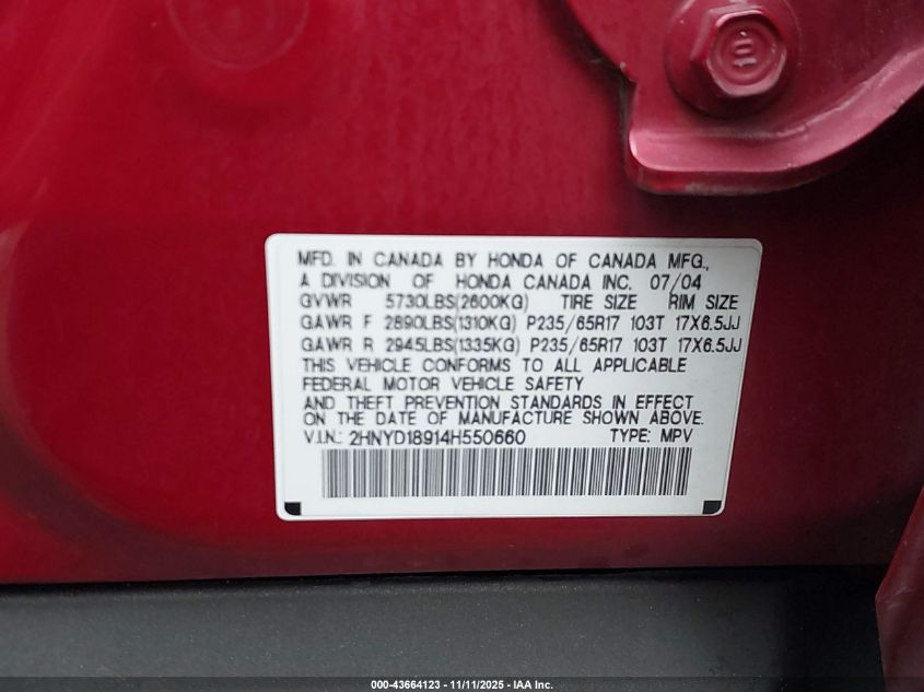 2004 Acura Mdx VIN: 2HNYD18914H550660 Lot: 43664123