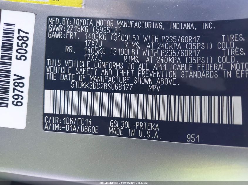 2011 Toyota Sienna Le V6 VIN: 5TDKK3DC2BS068177 Lot: 43664130