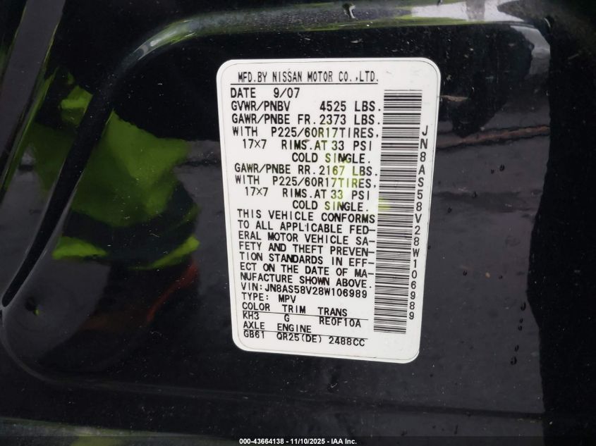 2008 Nissan Rogue Sl VIN: JN8AS58V28W106989 Lot: 43664138