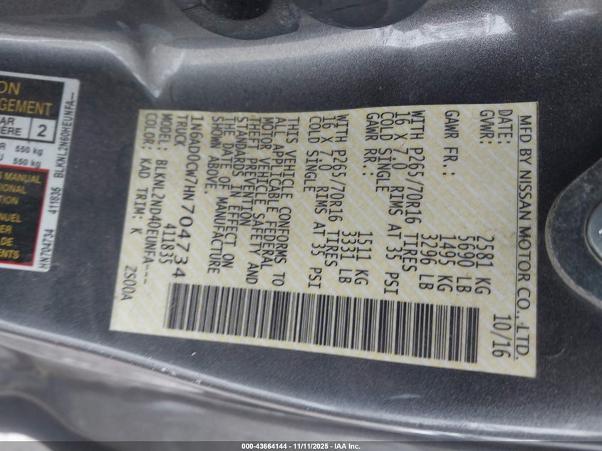 2017 NISSAN FRONTIER SV 1N6AD0CW7HN704734