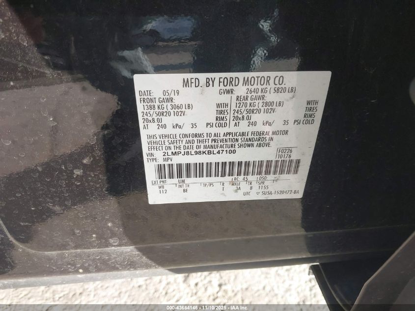 2019 Lincoln Nautilus Reserve VIN: 2LMPJ8L98KBL47100 Lot: 43664146