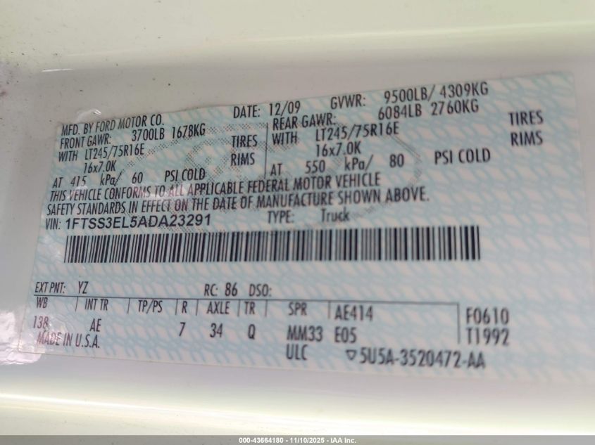 2010 Ford E-350 Super Duty Commercial/Recreational VIN: 1FTSS3EL5ADA23291 Lot: 43664180